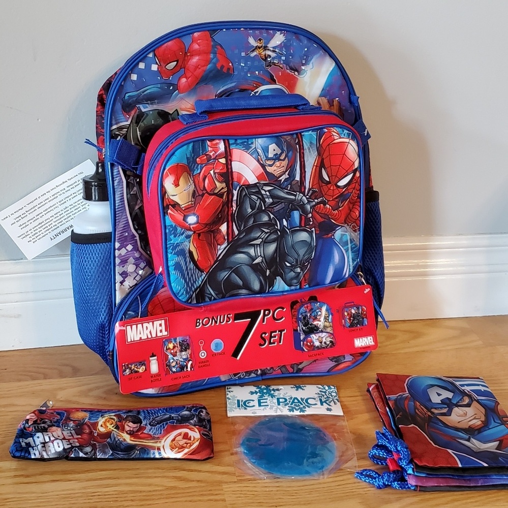 NWT Marvel backpack and lunchbox 6 piece set